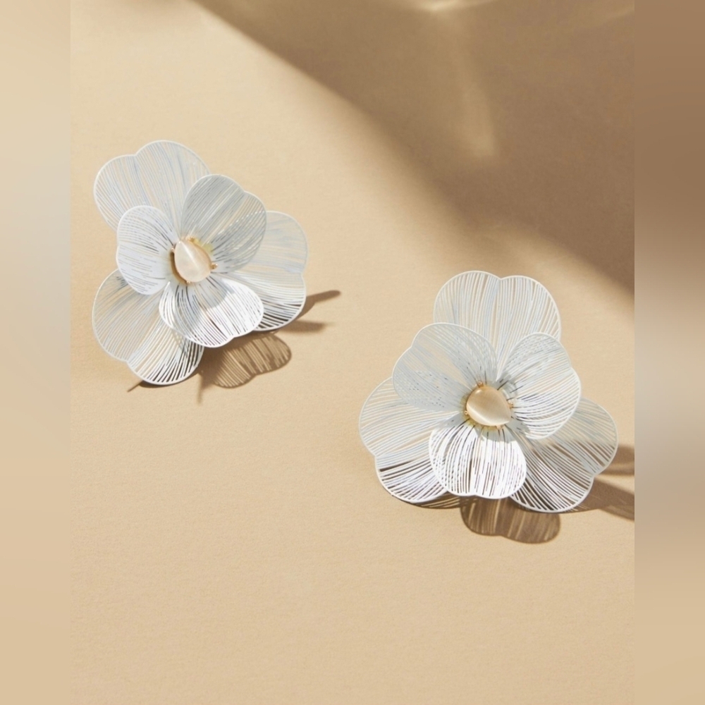 Anthropologie, Wire Floral Earrings, White - NWT!